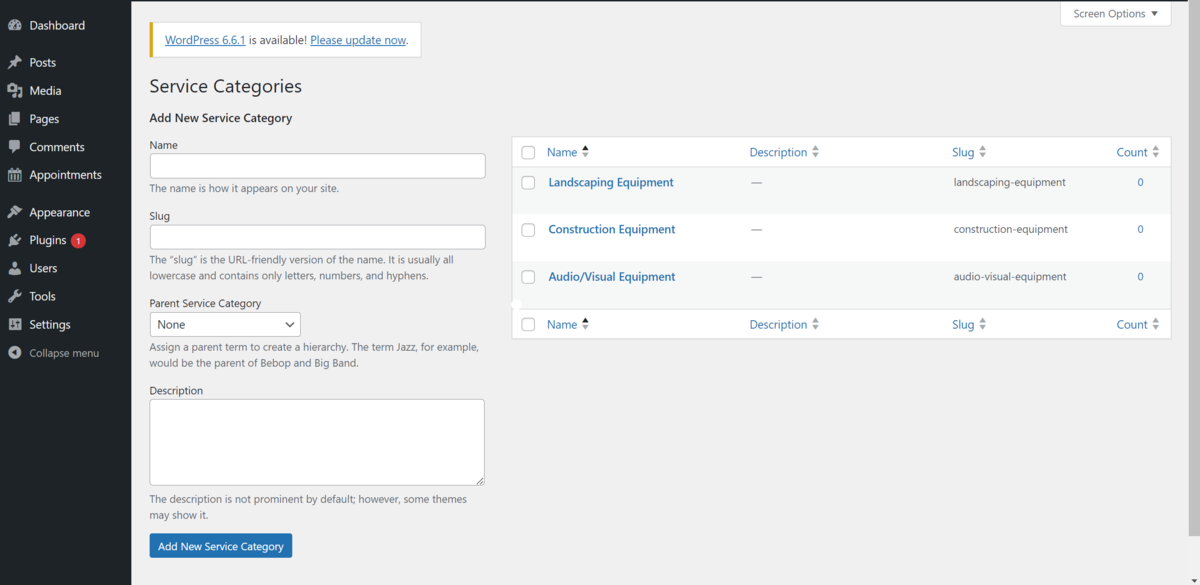 A tela Categorias de serviço no WordPress.