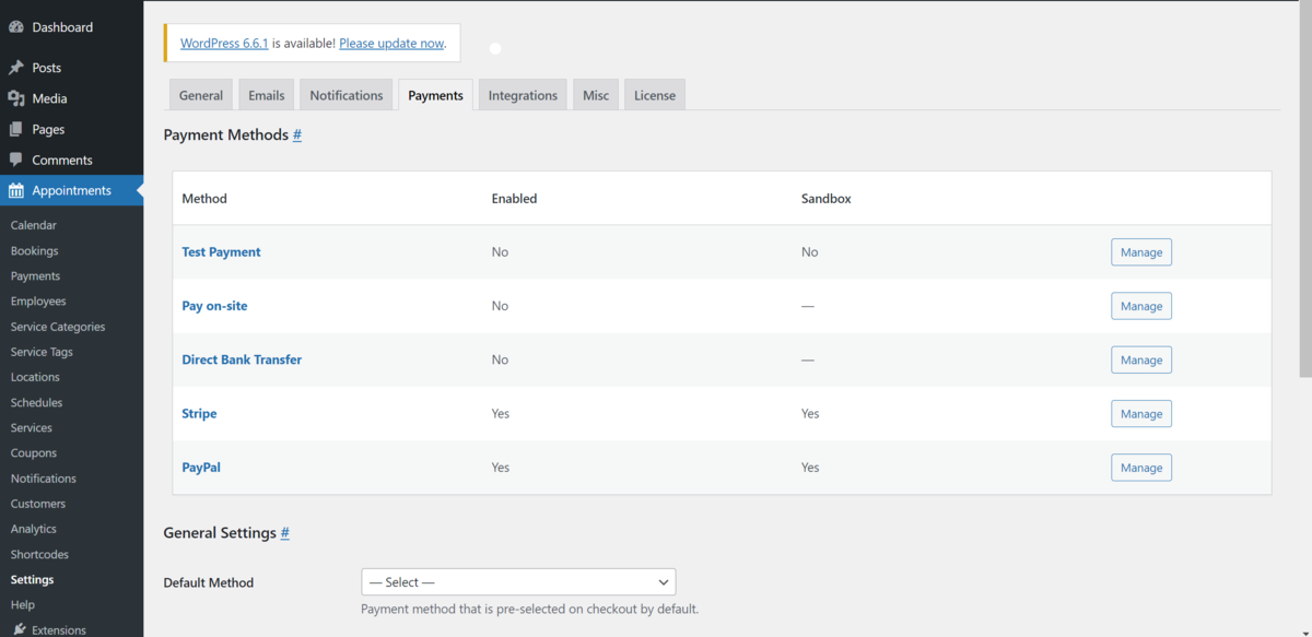 Der Bildschirm „Zahlungsmethoden“ in WordPress.