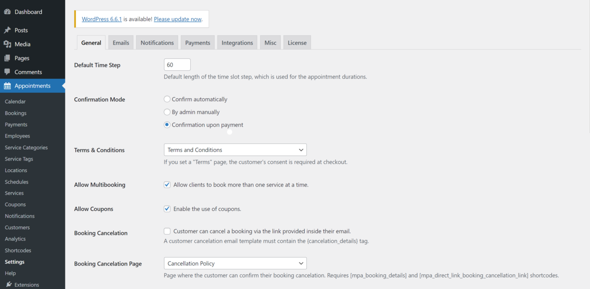 Der Bildschirm „Allgemeine Optionen“ für das MotoPress Appointment Booking-Plugin.