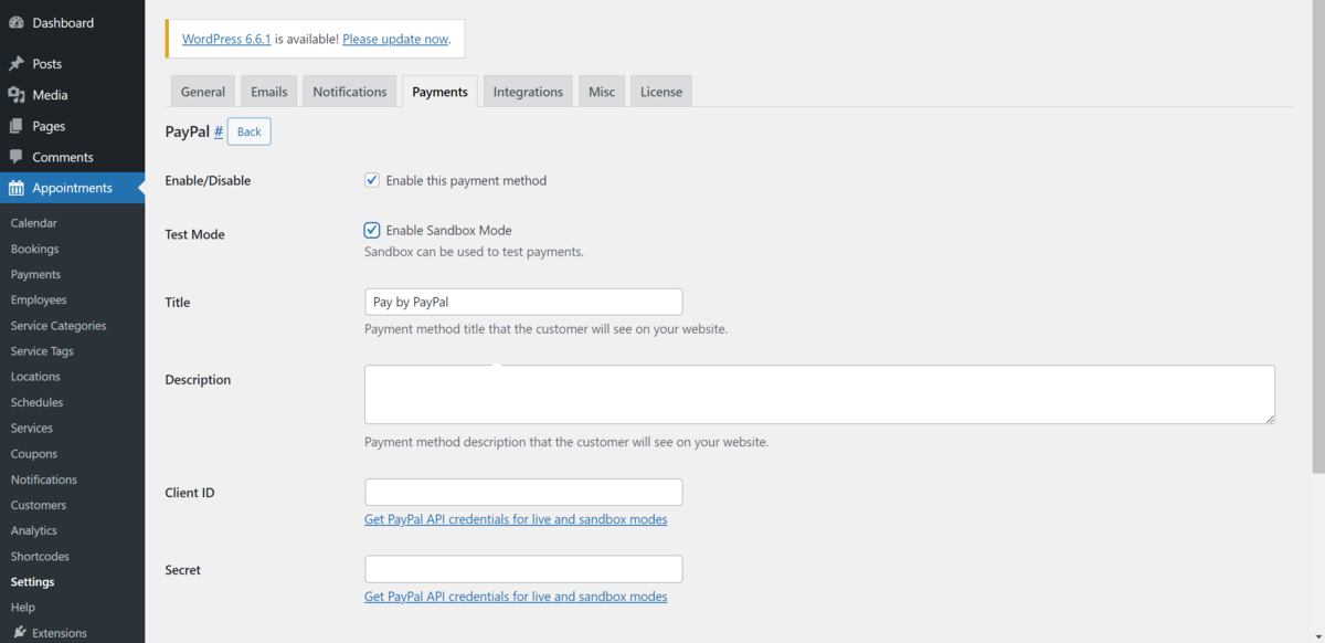 หน้าจอการชำระเงินภายใน WordPress ที่แสดงตัวเลือกเพื่อเปิดใช้งานเกตเวย์การชำระเงินของ PayPal