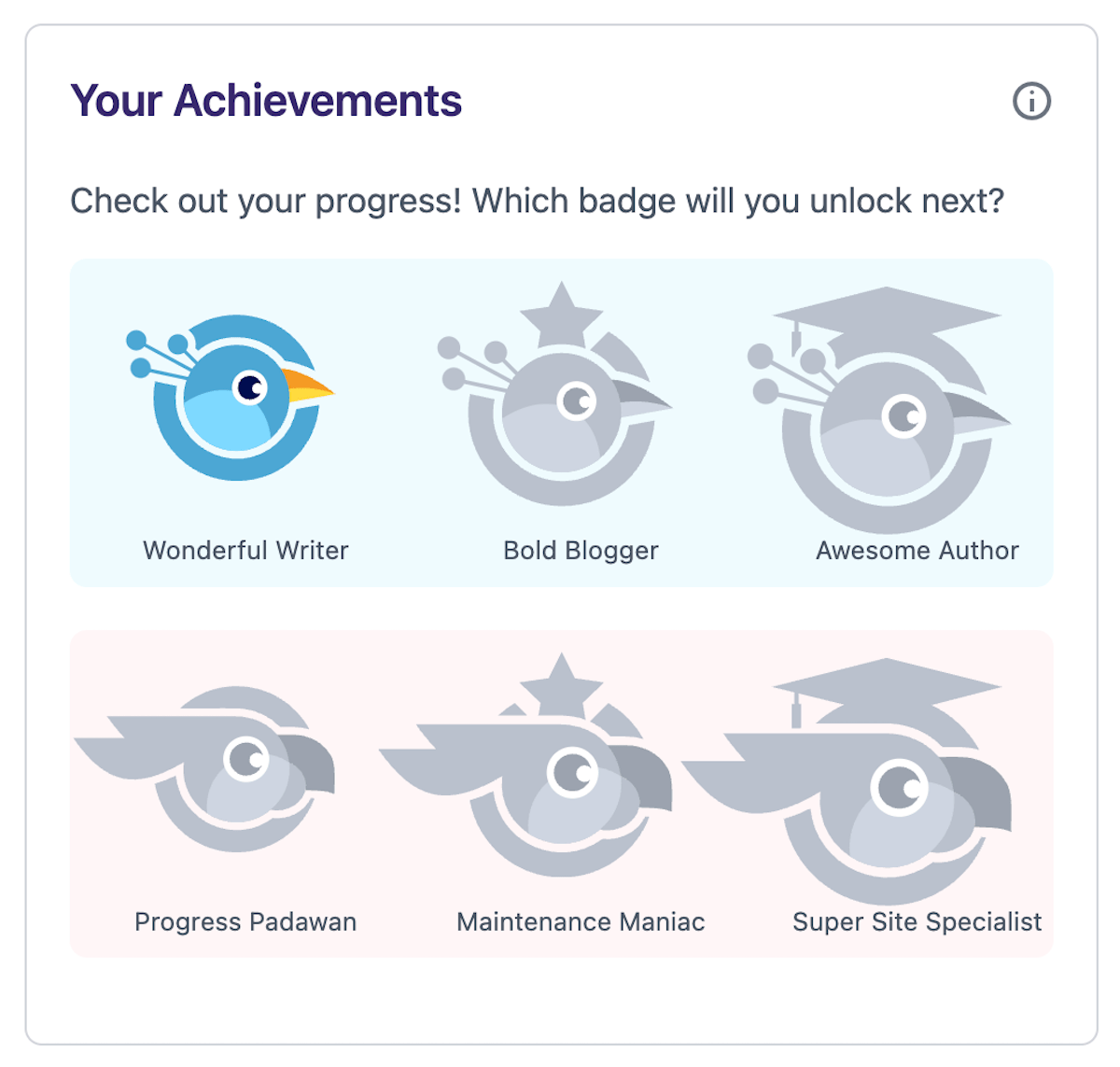 Progress Planner 内の「You Achievements」画面には、タスクを完了したことに対するゲーム化されたバッジと賞が表示されます。