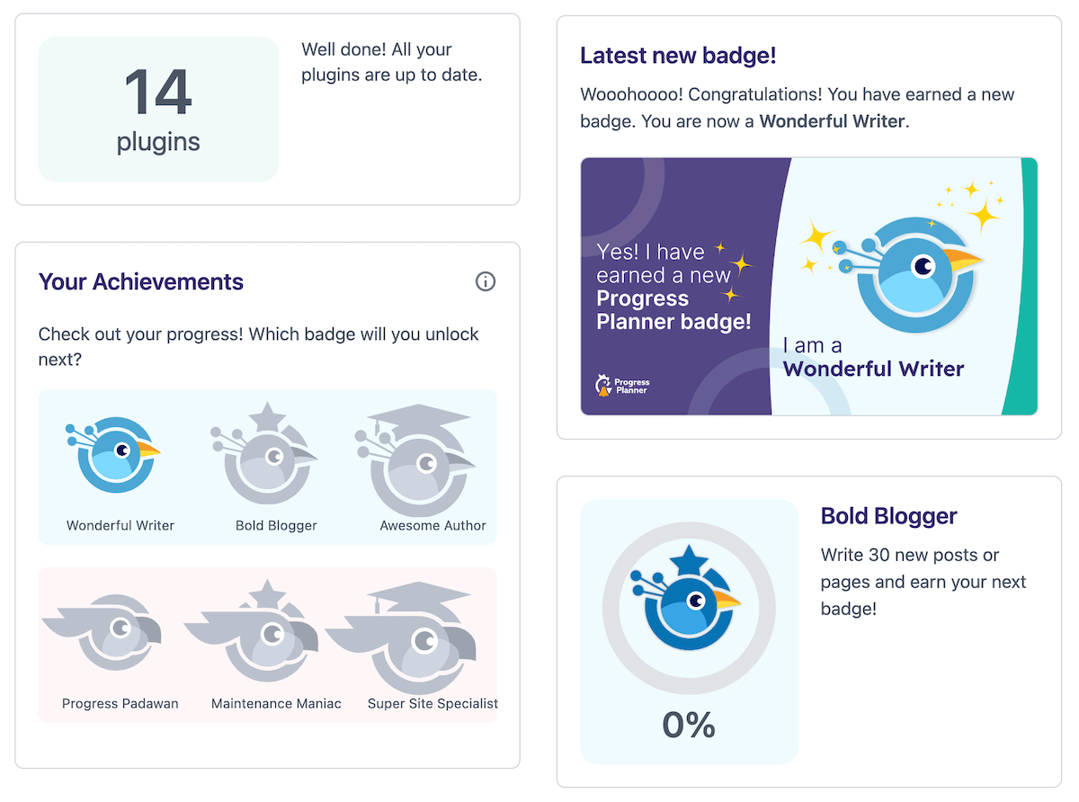 หน้าจอความสำเร็จของ Progress Planner ที่แสดงวิดเจ็ตที่เกี่ยวข้องกับการอัปเดตปลั๊กอิน ป้ายสถานะที่เสร็จสมบูรณ์ งานเพื่อรับป้ายใหม่ และป้ายสถานะล่าสุดที่ได้รับ