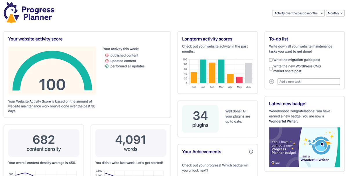 Le tableau de bord Progress Planner, qui affiche la maintenance et l'activité du site, une liste de tâches et les mises à jour de progression actuelles.