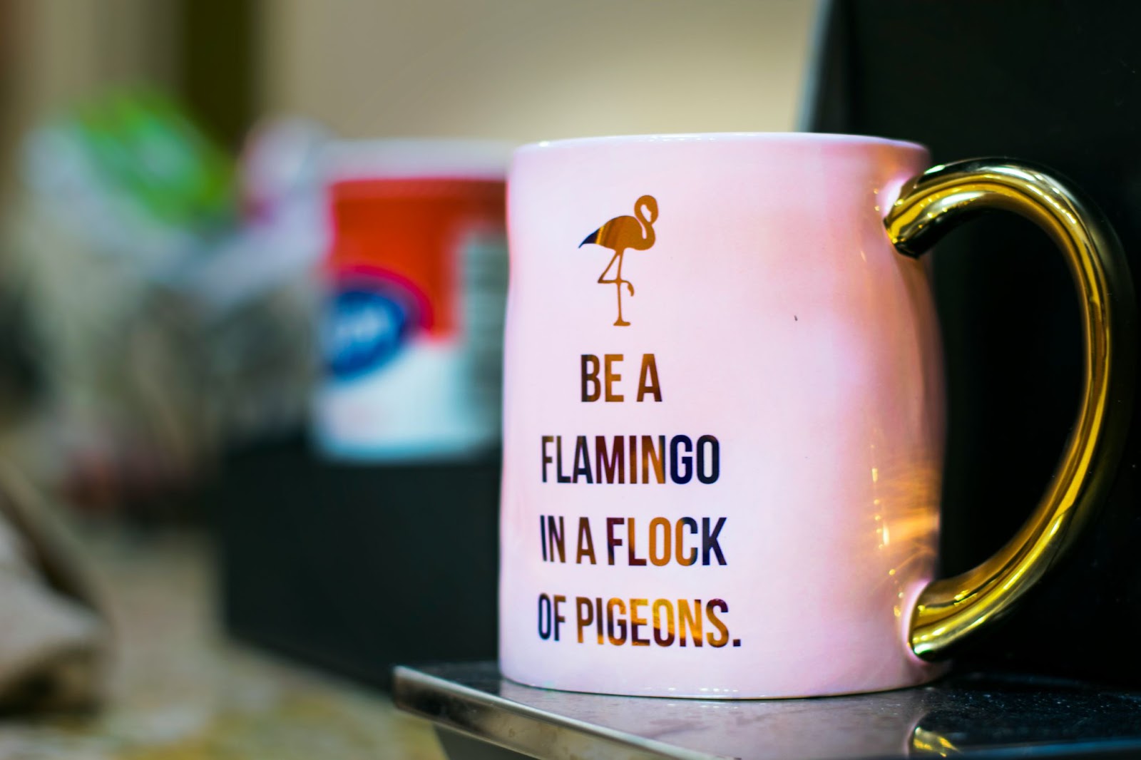 caneca que diz "seja um flamingo em um bando de pombos"