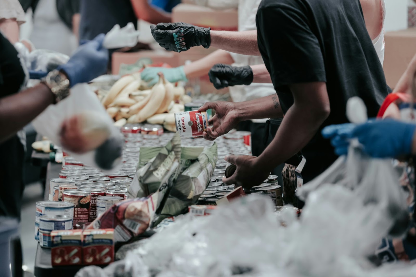 équipe travaillant à la distribution de produits en conserve