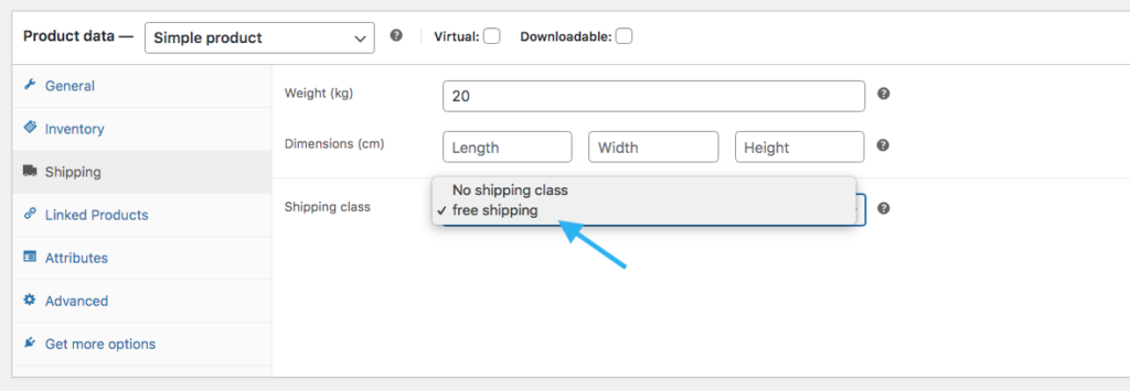 opções de configuração de classe de envio