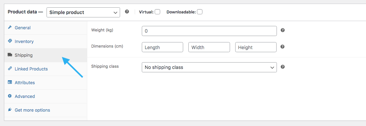 envío en la configuración de datos del producto