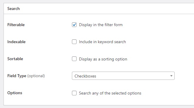 Configuración de filtros de búsqueda.