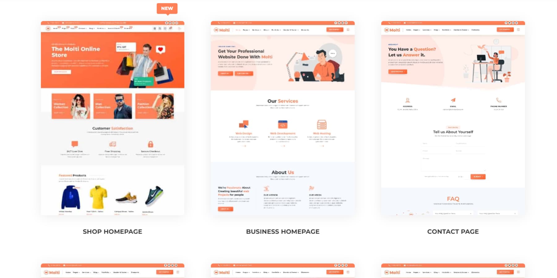 Uma captura de tela de alguns layouts do Molti eCommerce