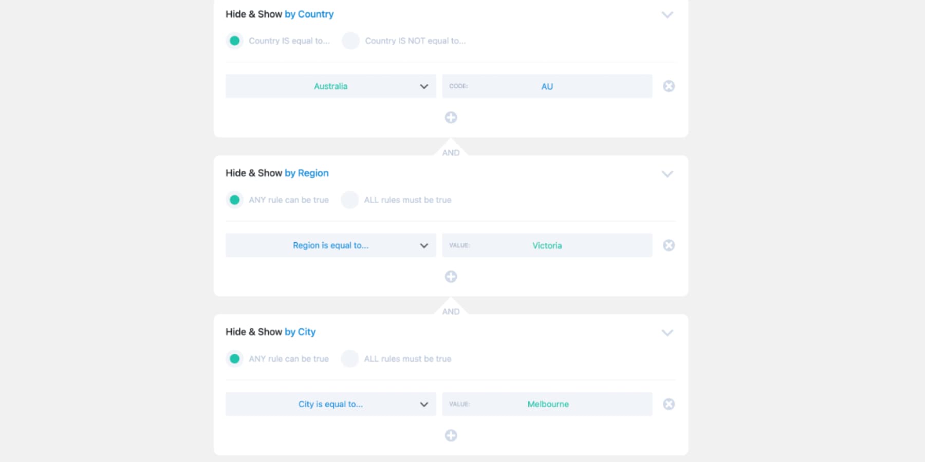 Uma captura de tela dos recursos de geolocalização do Hide & Show PRO