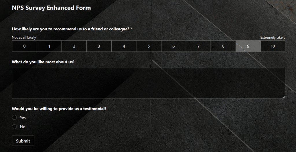 NPS enhanced survey form 9 or above rating