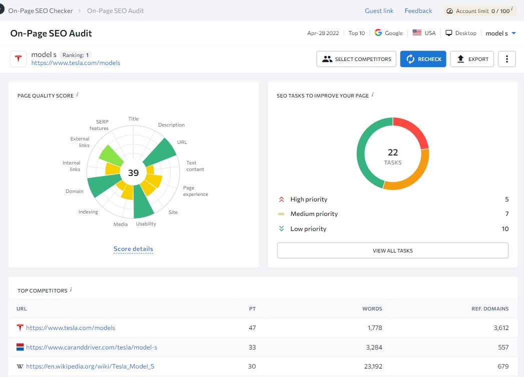 SE Ranking SEO on-page Audit