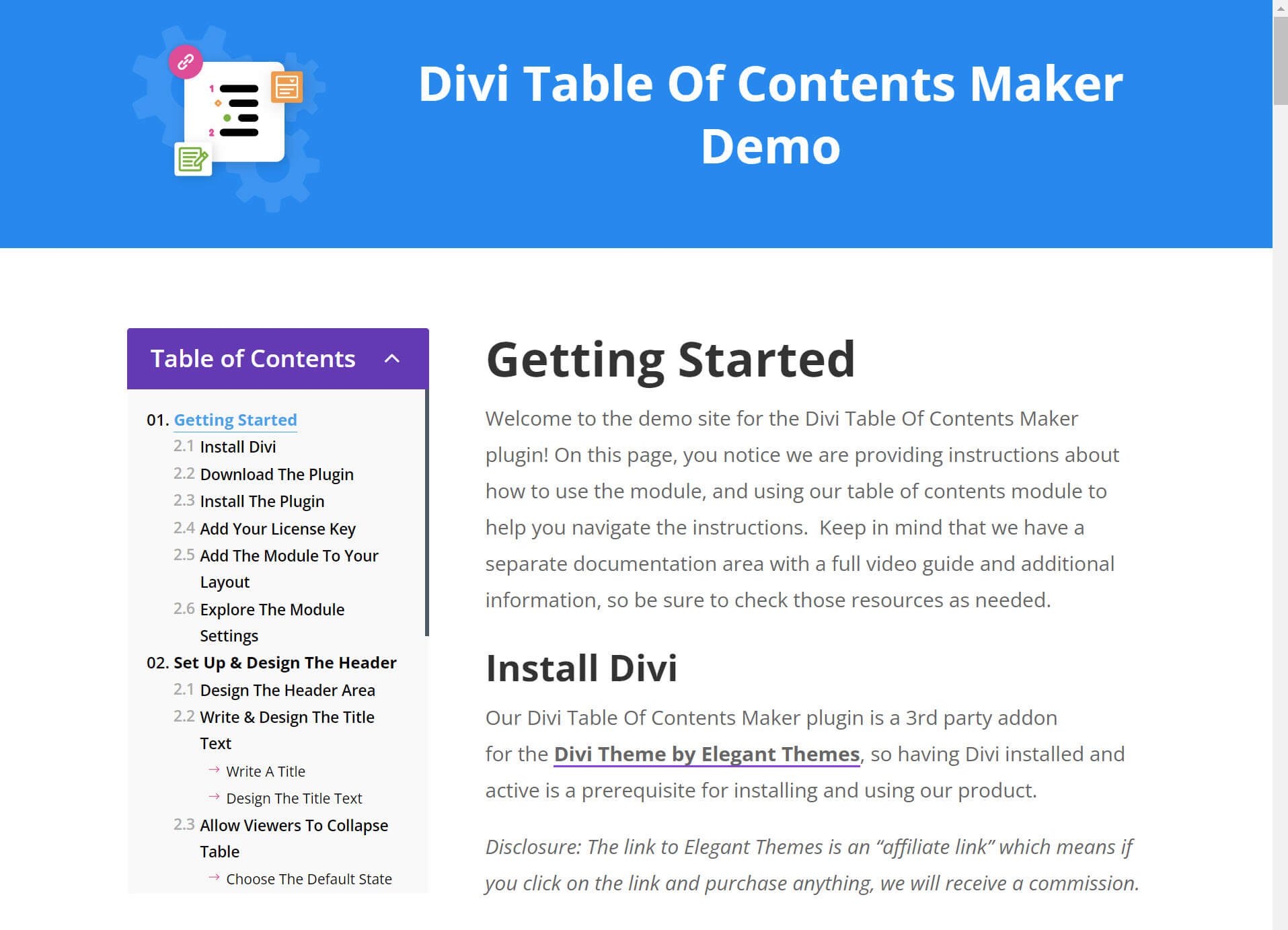 Une capture d'écran de Divi Table of Content en action