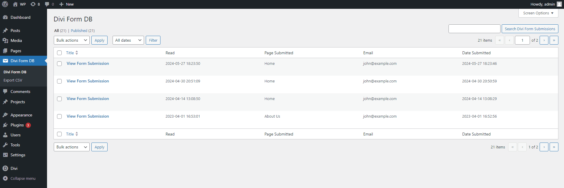 Uma captura de tela das entradas de dados salvas por meio do Divi Contact Form DB