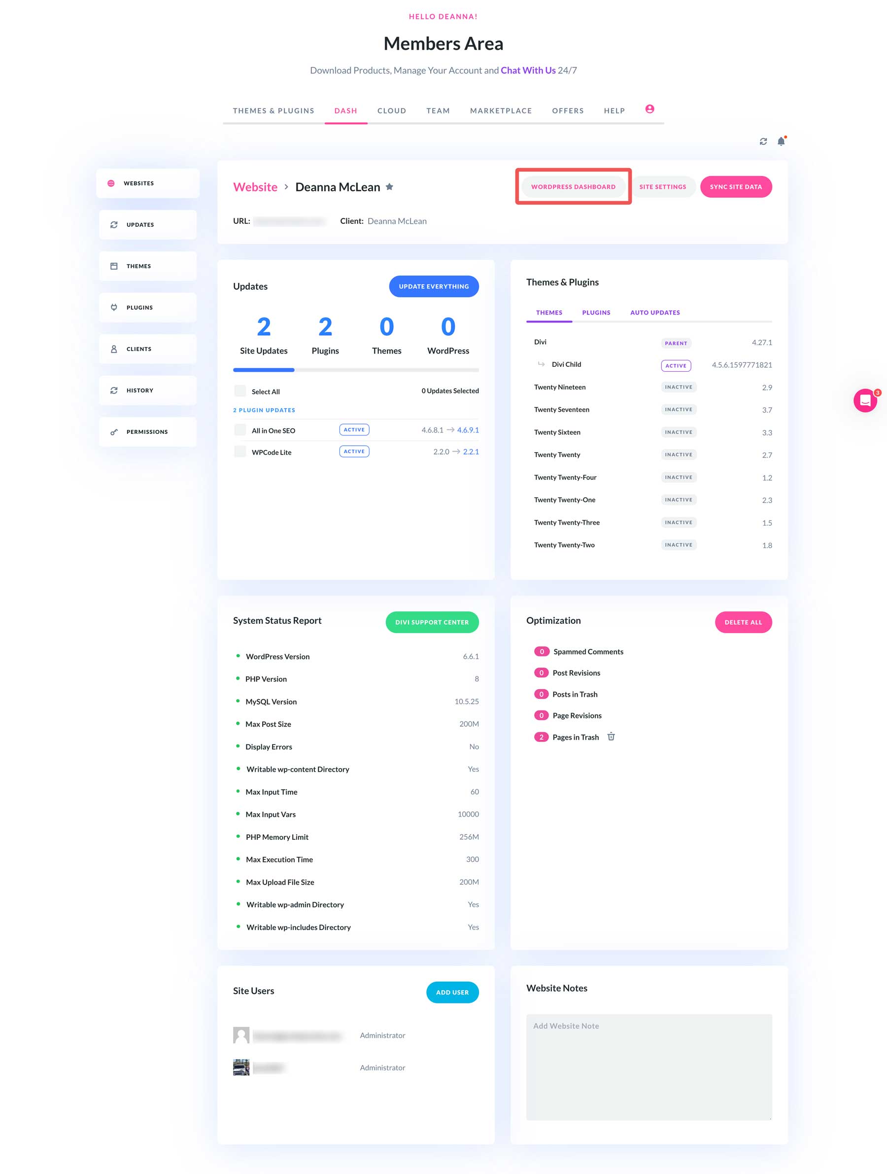 Gestión de sitios individuales Divi Dash