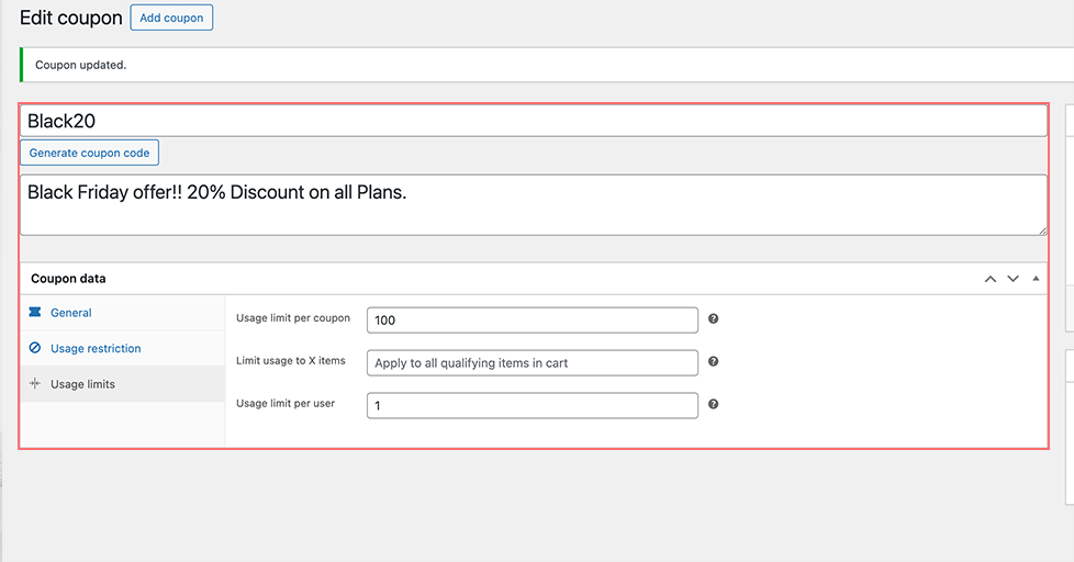 Usage Limit in Woocommerce Coupons