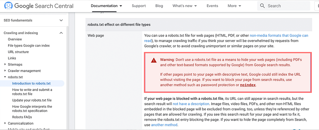 Google's Warning on using robots.txt file as means to hide web pages