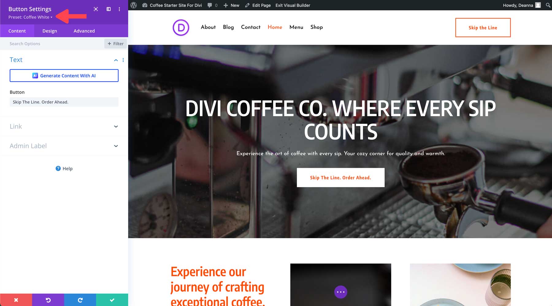 divi のコーヒースターターサイト