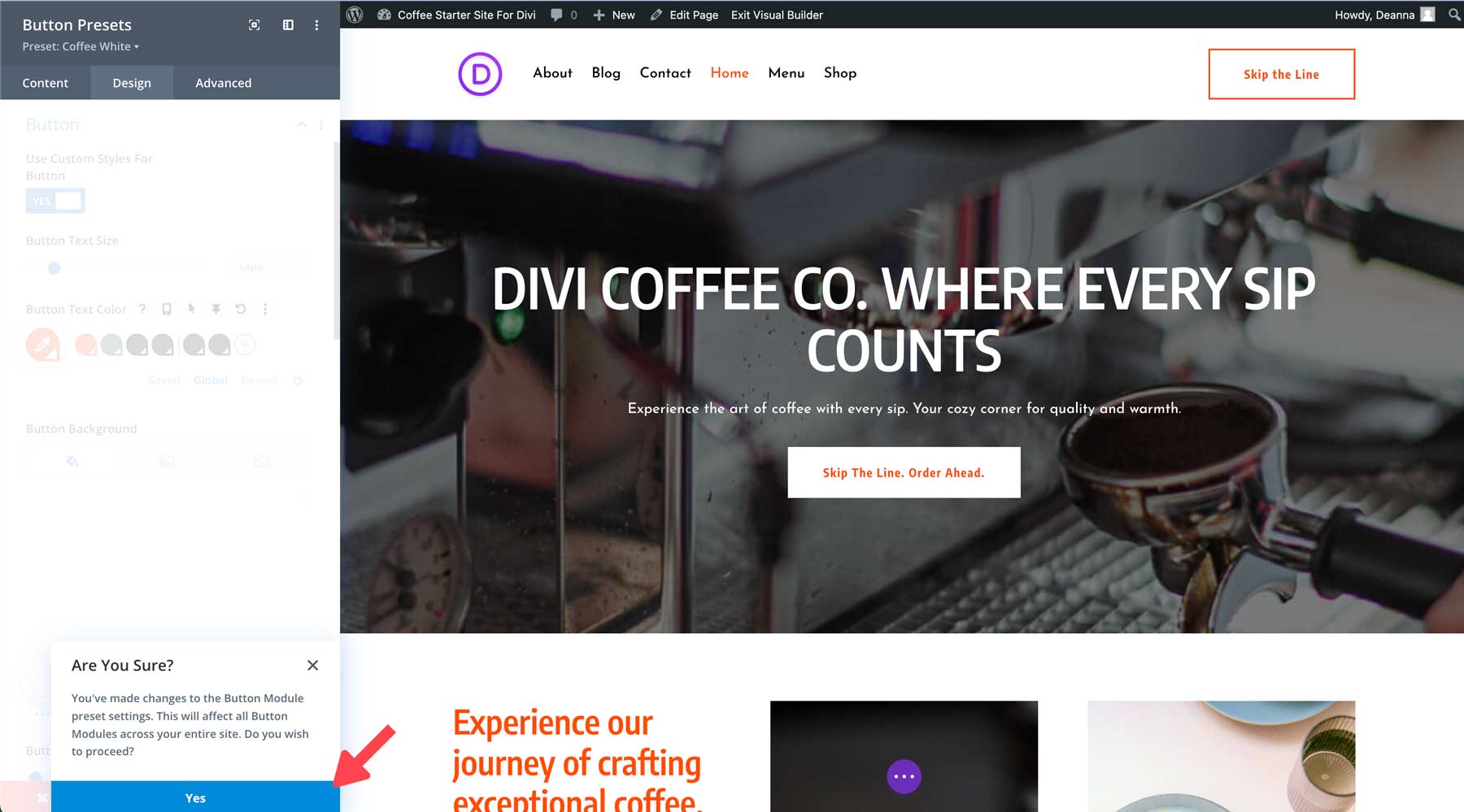 site de démarrage de café pour divi