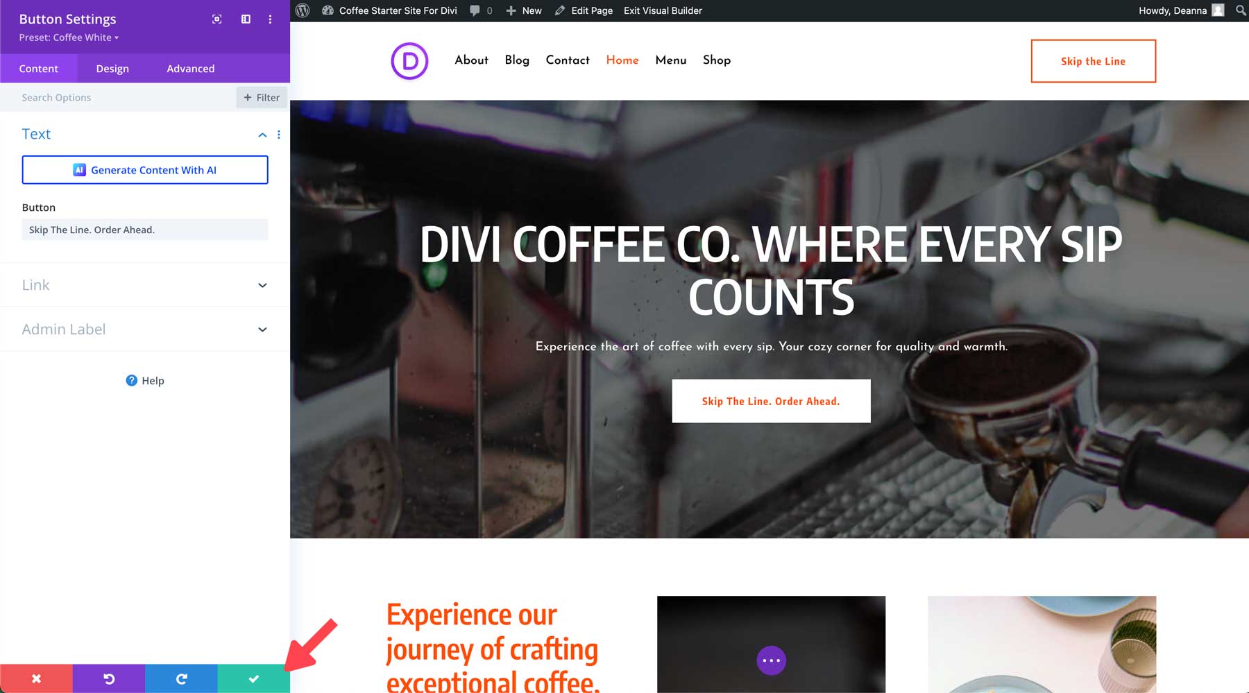 site inicial de café para Divi