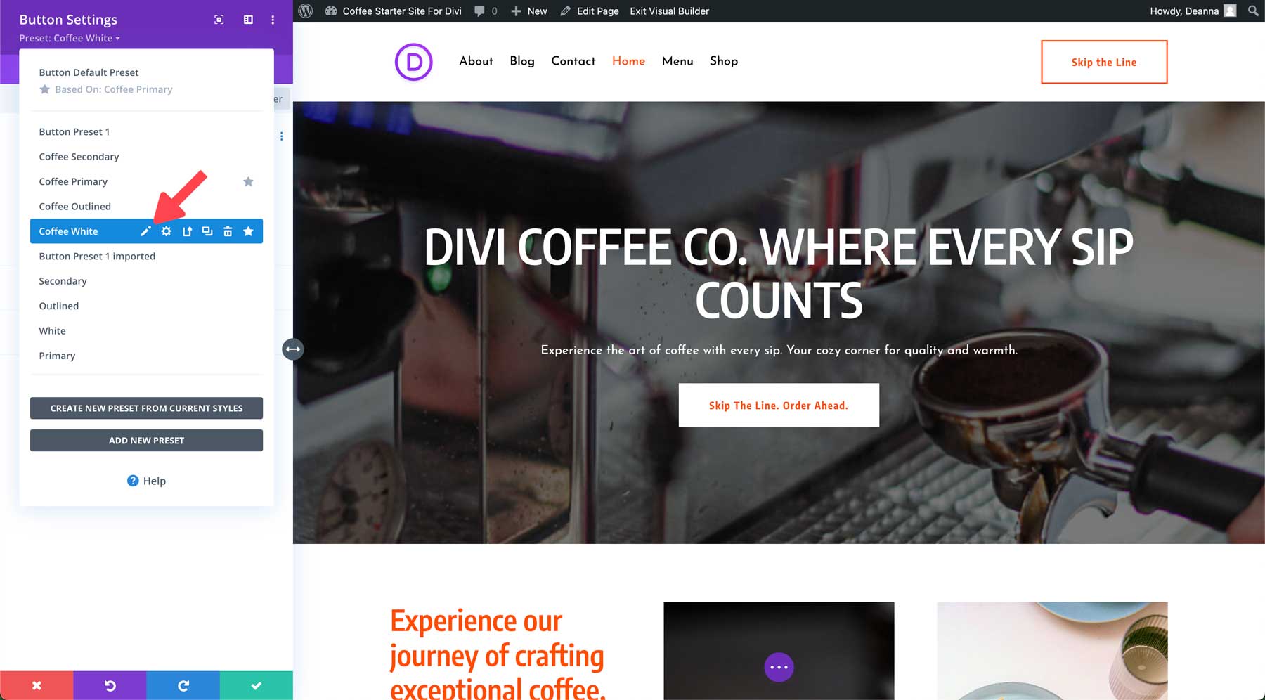 site inicial de café para divi