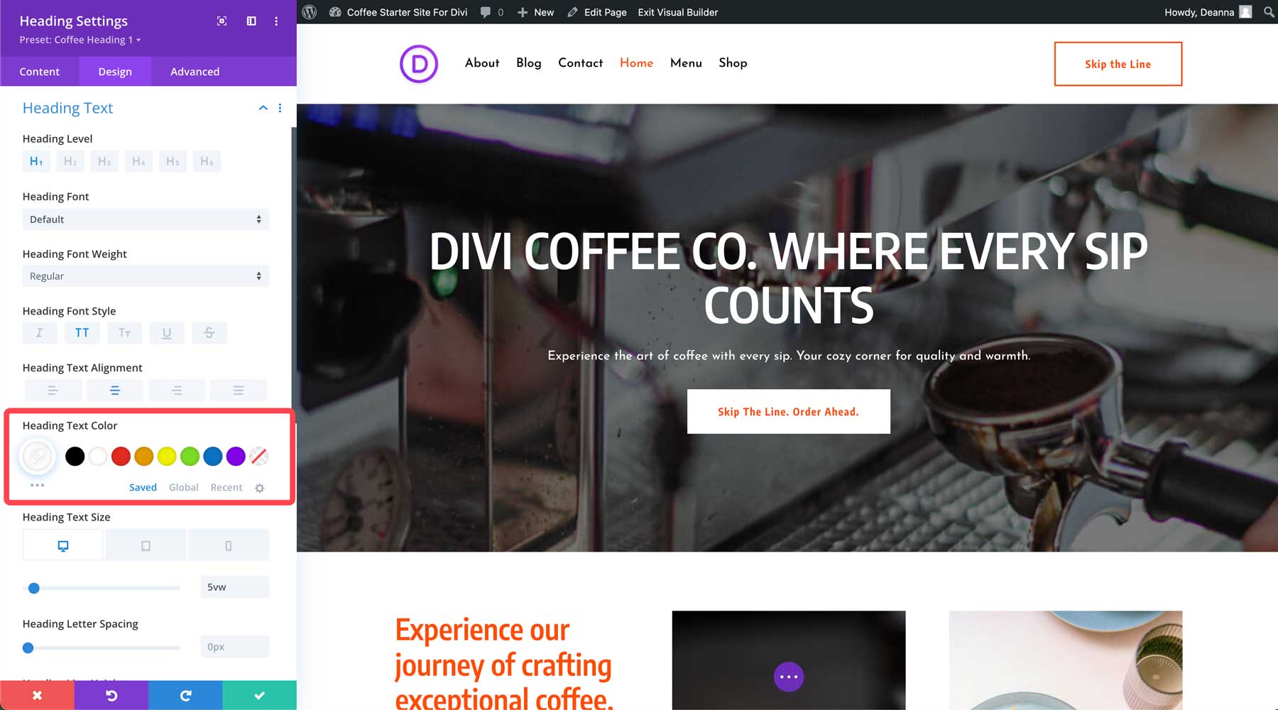 site de démarrage de café pour Divi