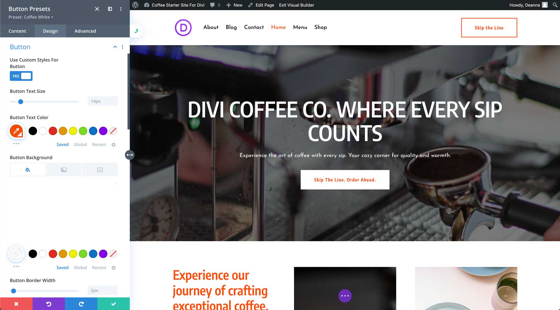 site inicial de café para divi