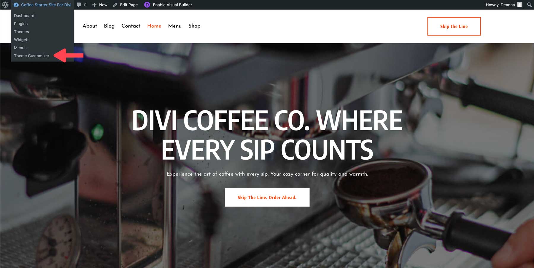 site de démarrage de café pour Divi