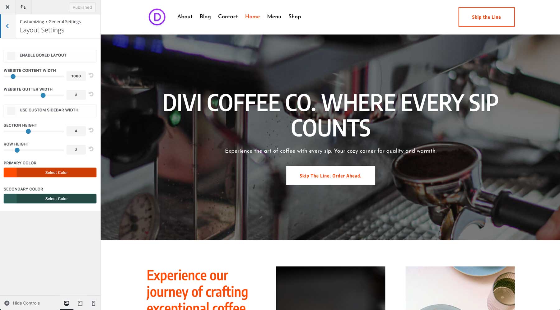 site inicial de café para divi