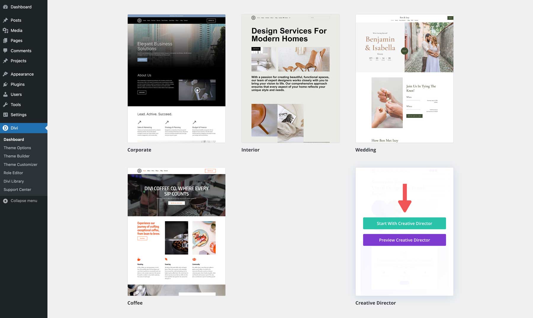 Divi의 크리에이티브 디렉터 스타터 사이트