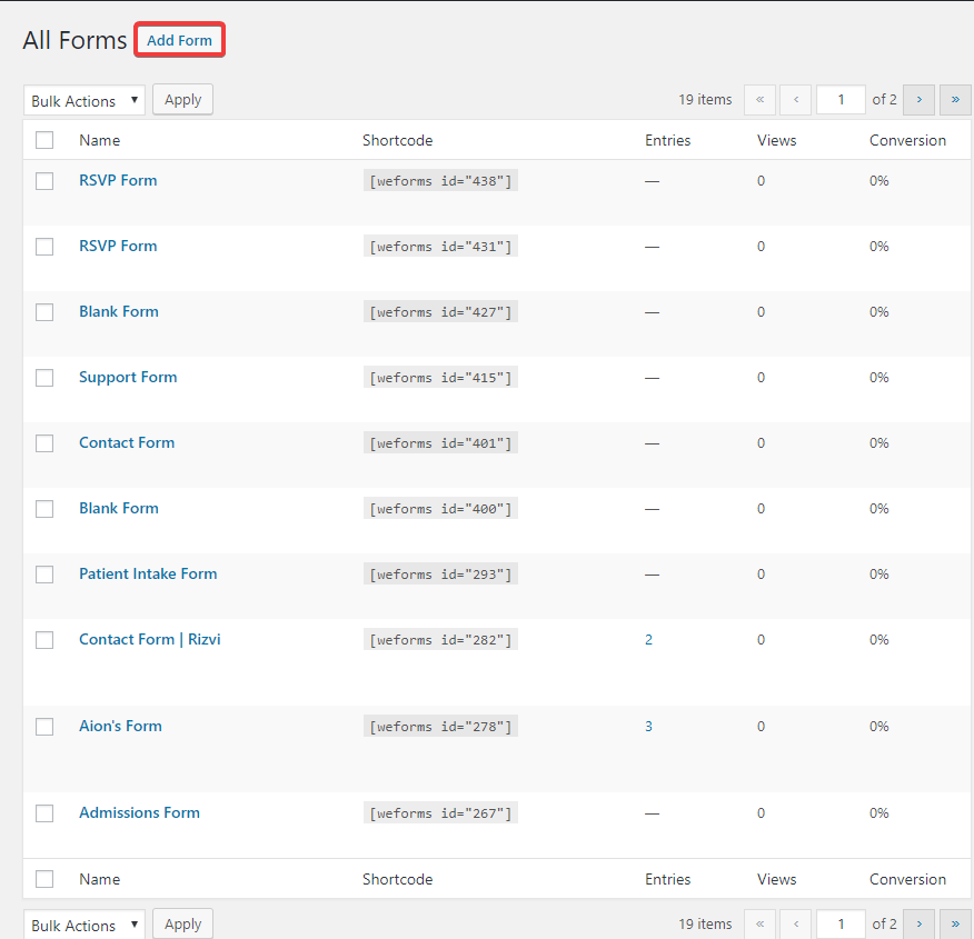 weForms 추가 양식의 스크린샷입니다.