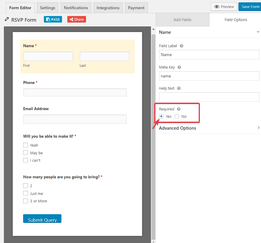 Ini adalah tangkapan layar dari Periksa opsi weForms