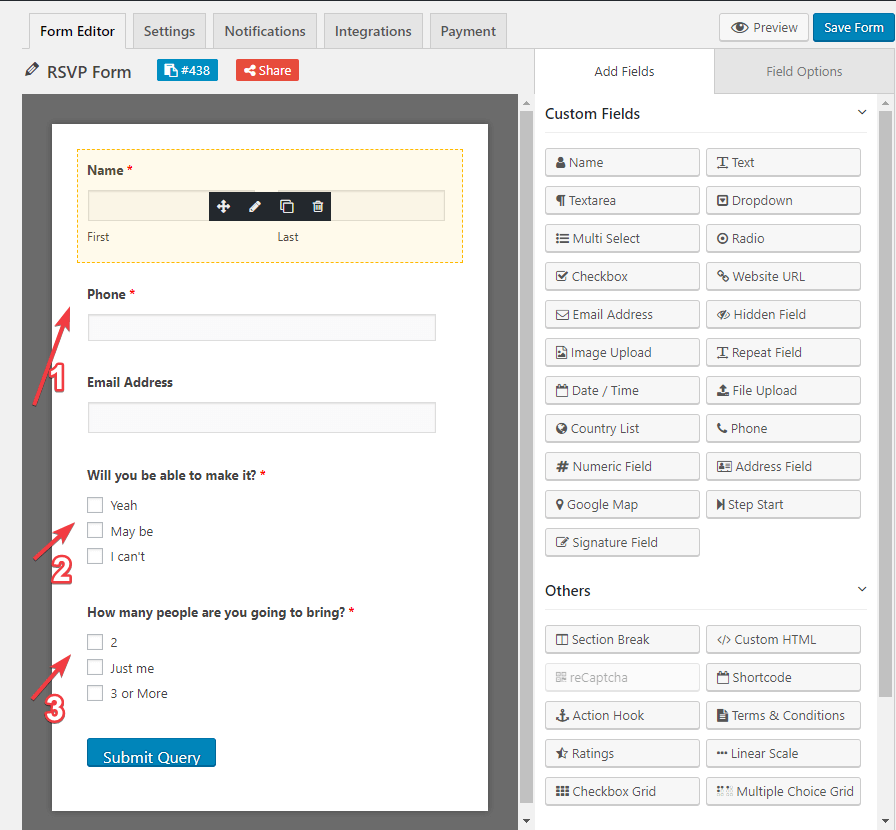 To jest zrzut ekranu opcji edycji weForms