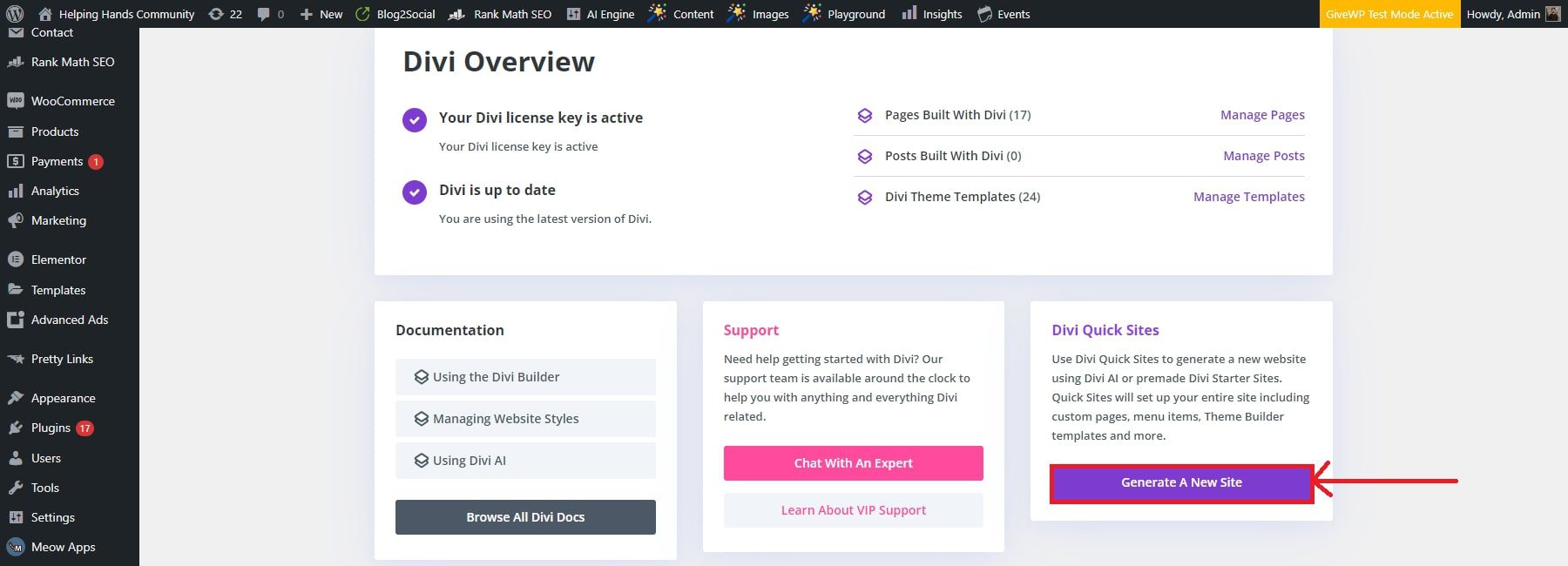 Divi 快速入門儀表板