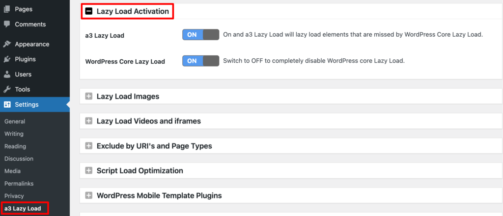 この画像は、a3 Lazy Load プラグインの設定を示しています