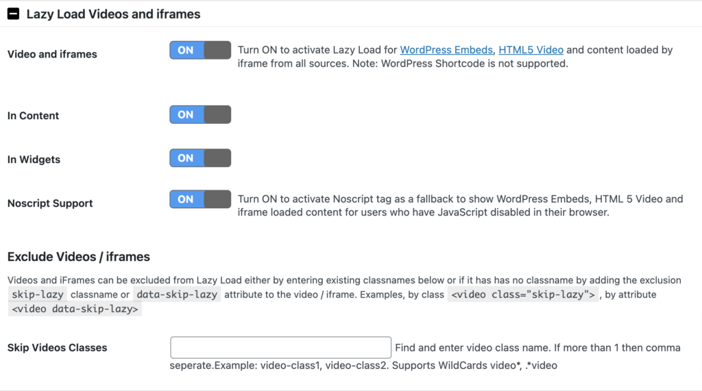 To są ustawienia filmów i ramek iFrame wtyczki Image Lazy Load