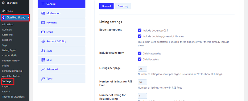 Configuración general del listado clasificado