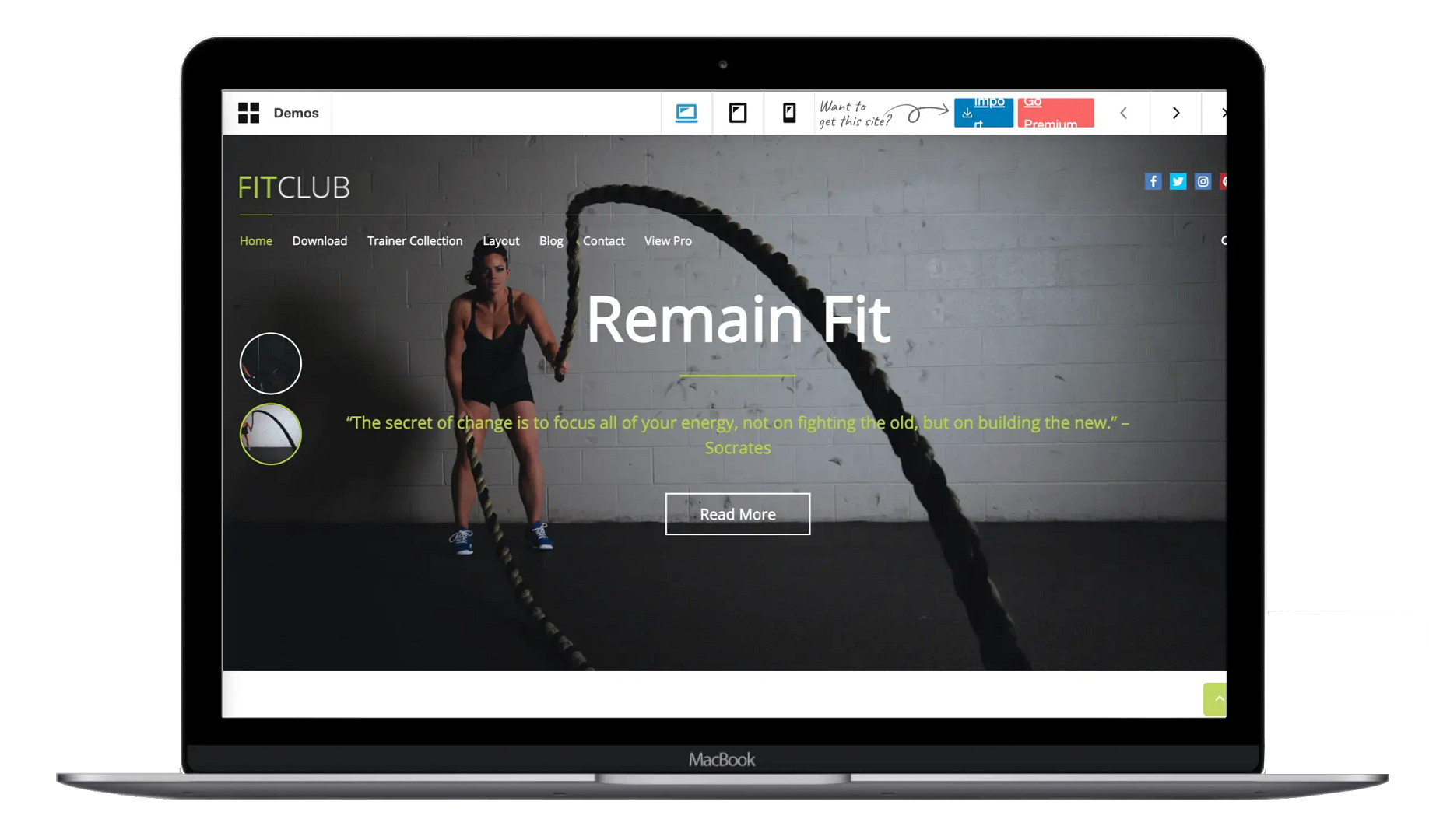 FitClub テーマのラップトップのモックアップ。