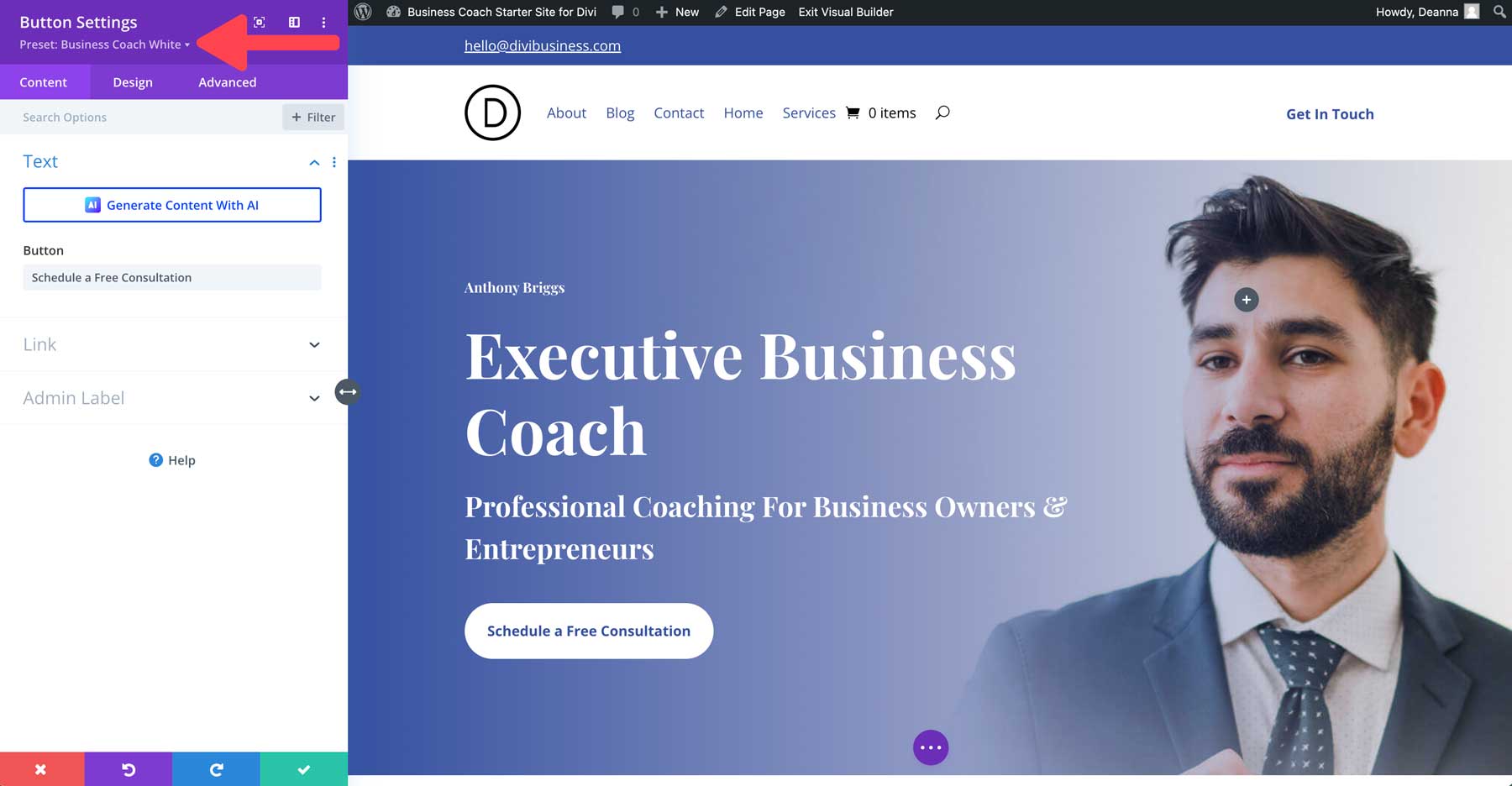 Business-Coach-Startseite für Divi