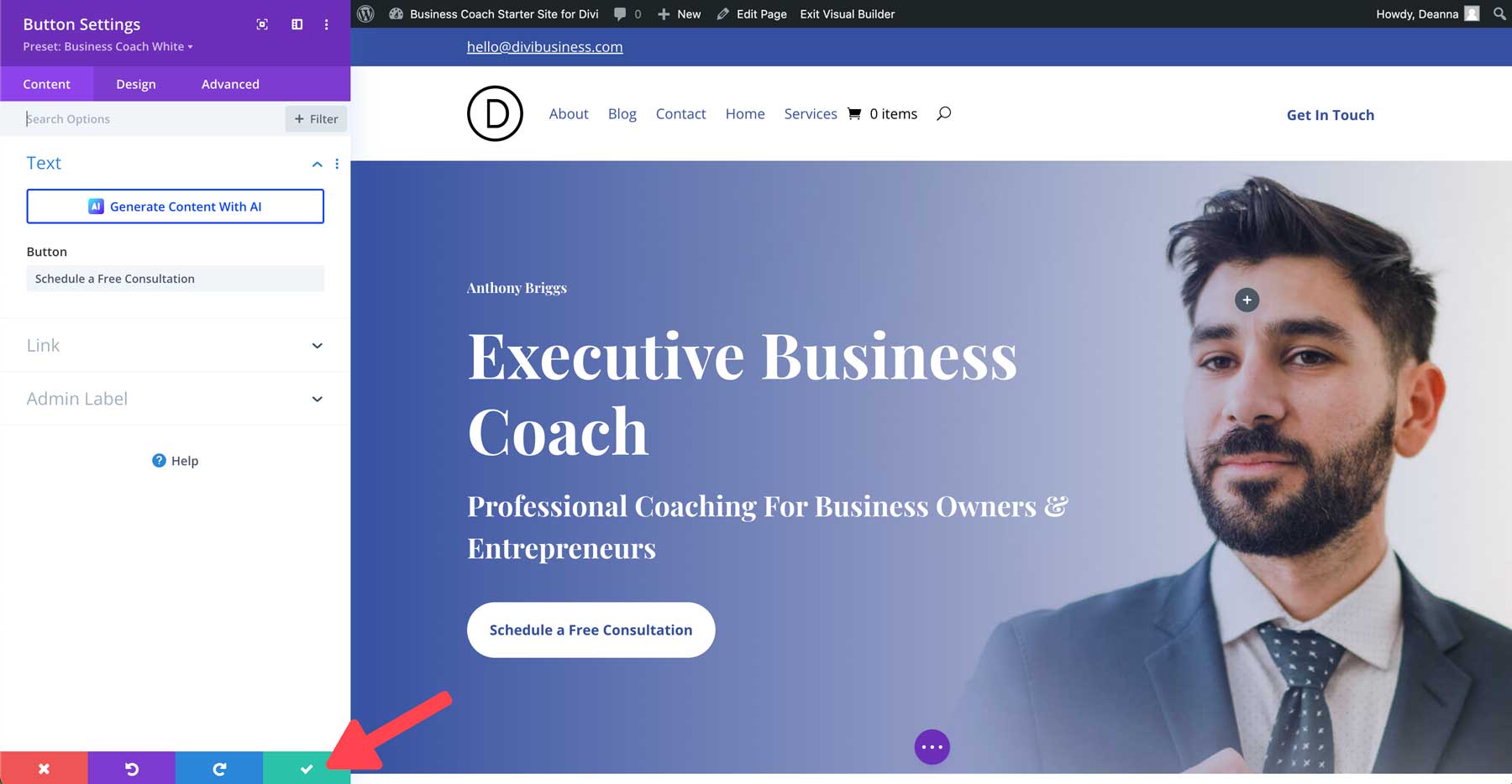 Business-Coach-Startseite für Divi