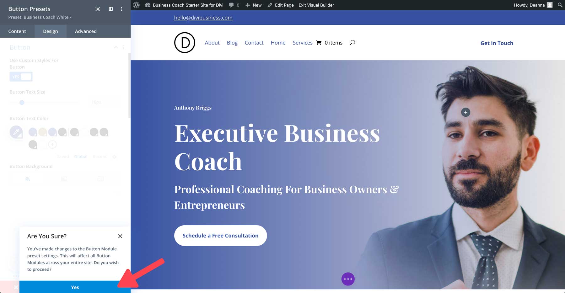 site inicial de coach de negócios para Divi