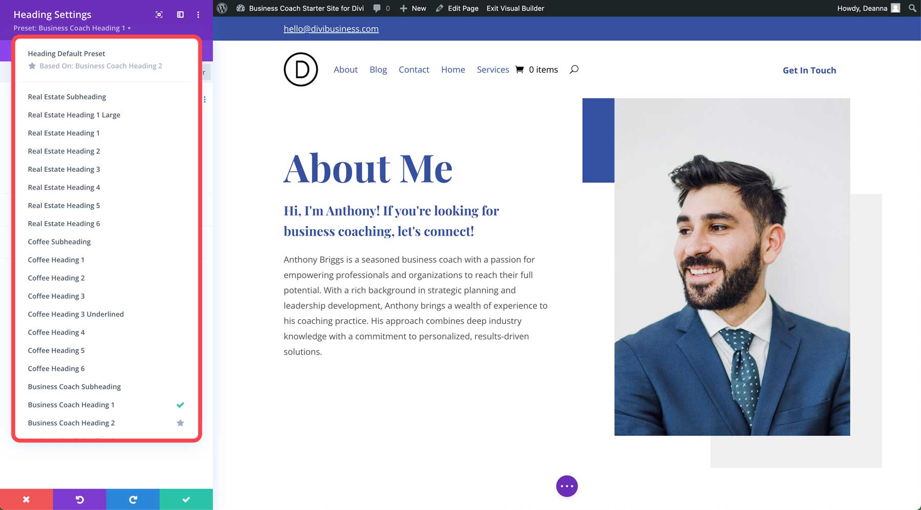 sito di avvio di business coach per Divi