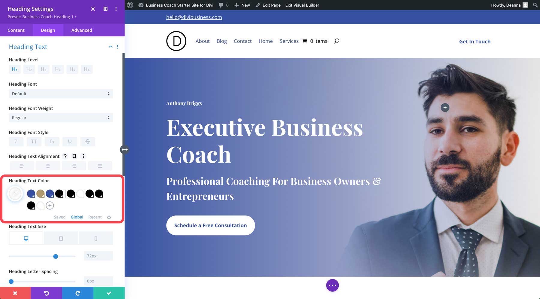 sito di avvio di business coach per Divi