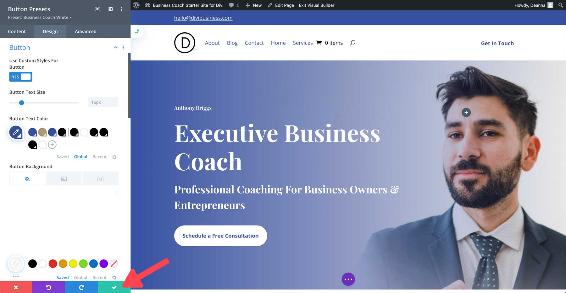 site inicial de coach de negócios para Divi