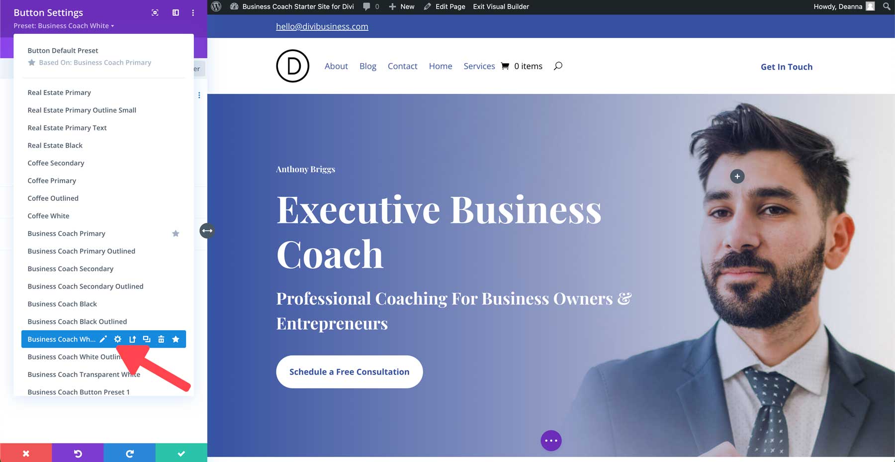 Sitio de inicio de coach empresarial para Divi