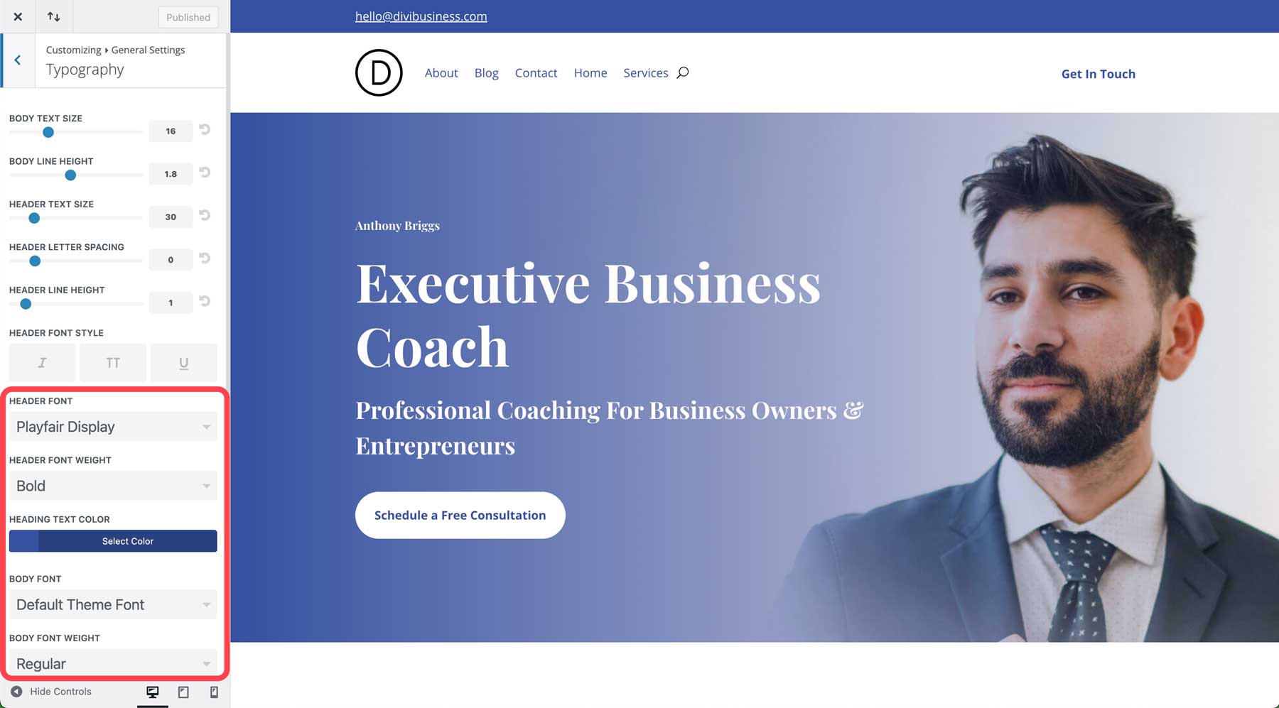 sito di avvio di business coach per Divi