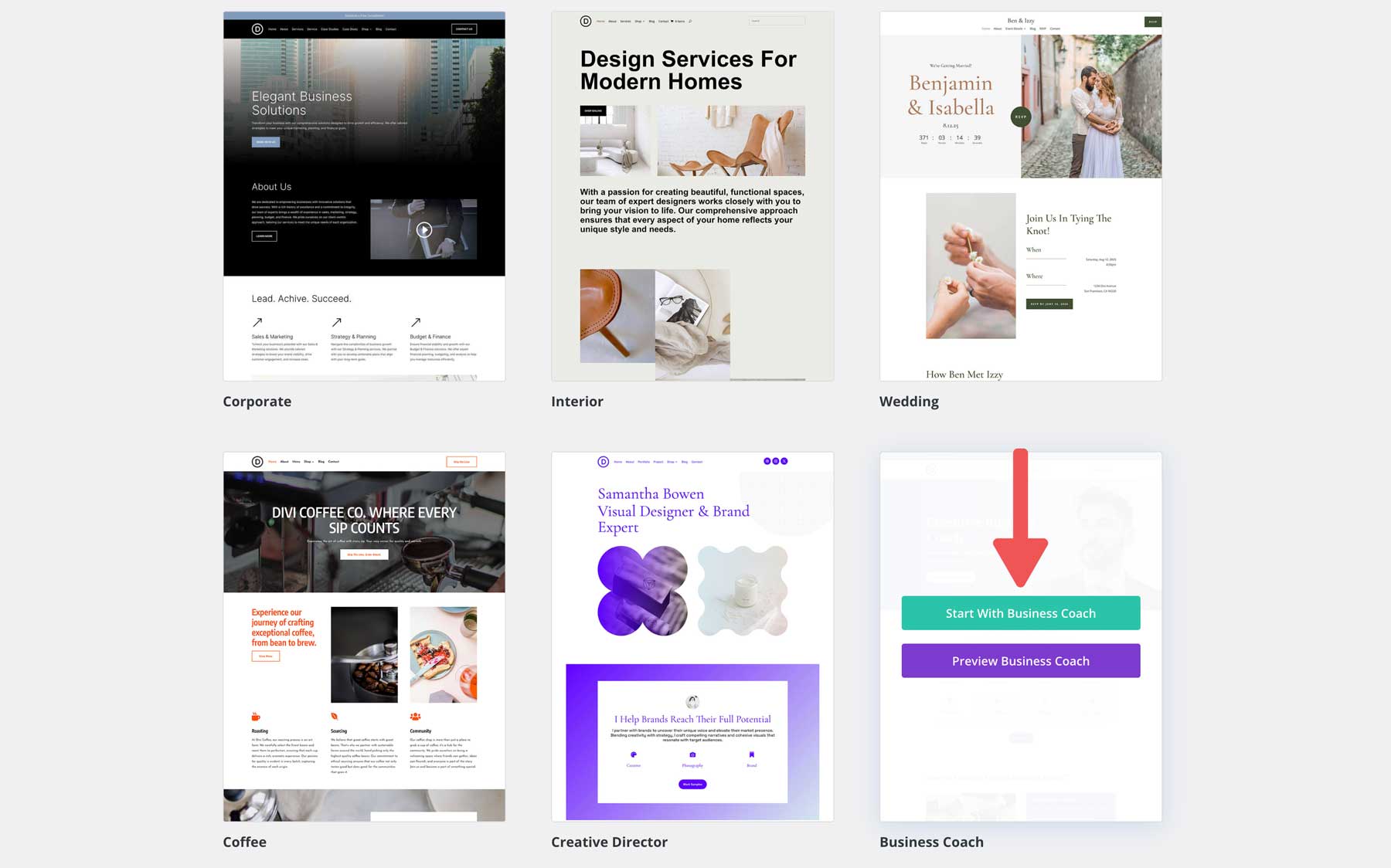 Divi のビジネス コーチ スターター サイト