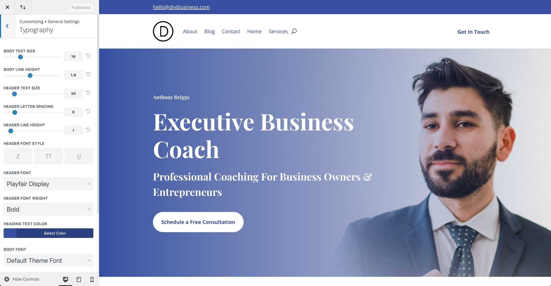 Sitio de inicio de coach empresarial para Divi