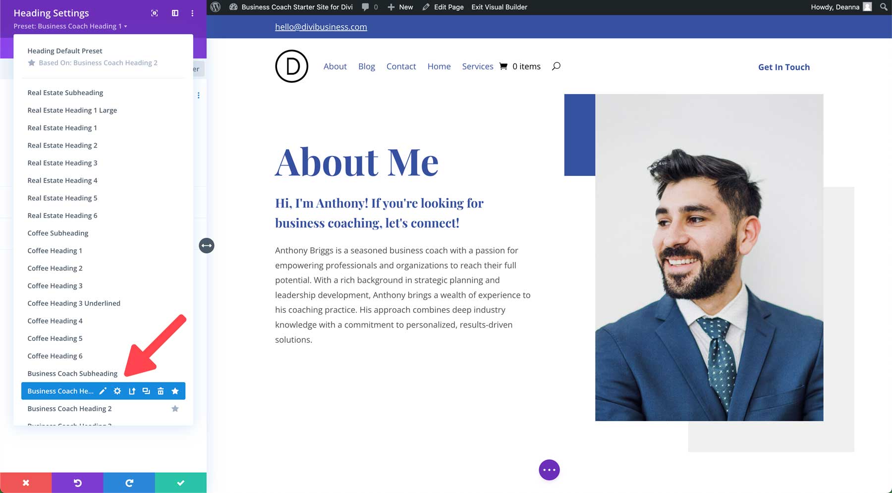 sito di avvio di business coach per Divi