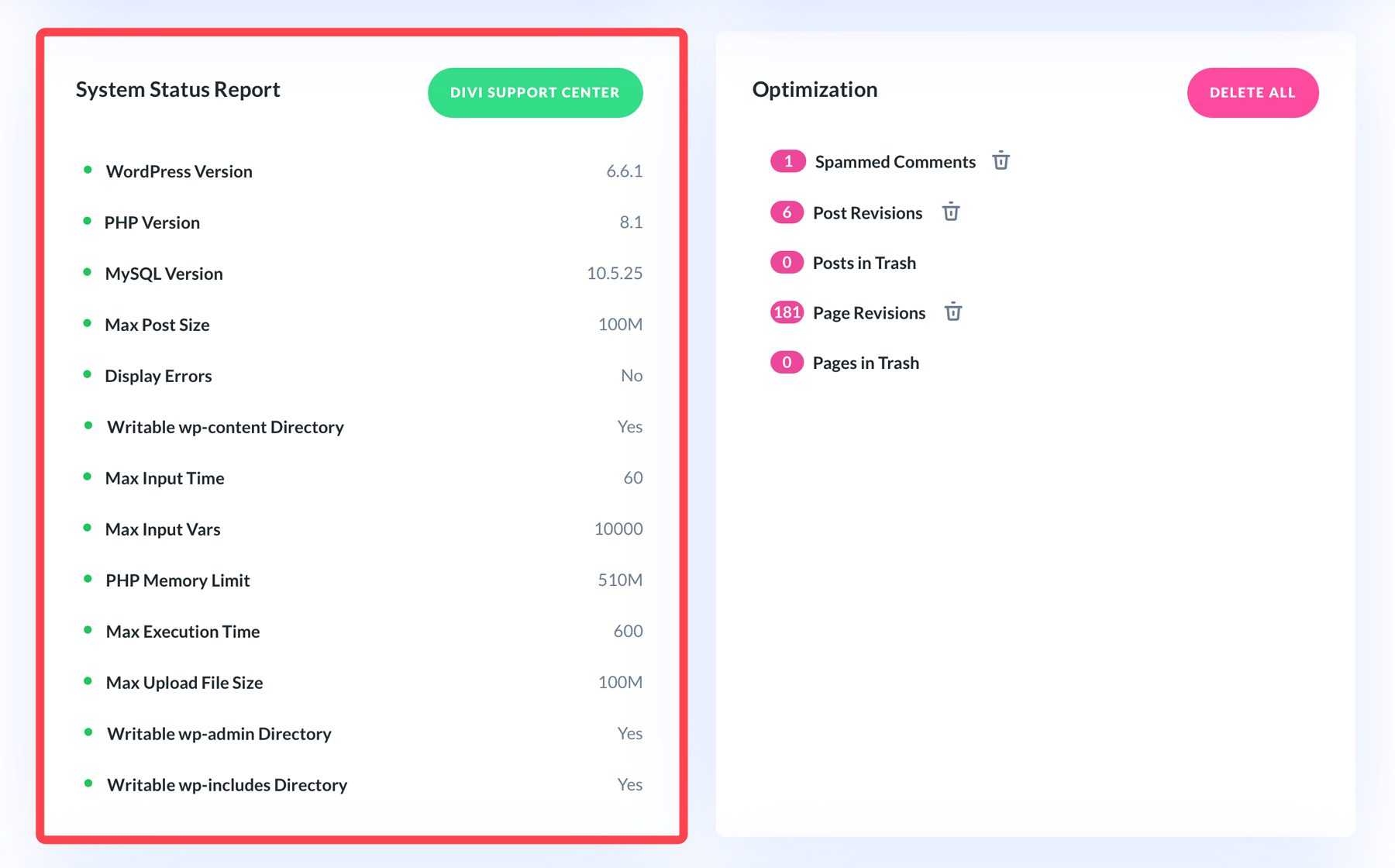 Relatório de status do sistema Divi Dash